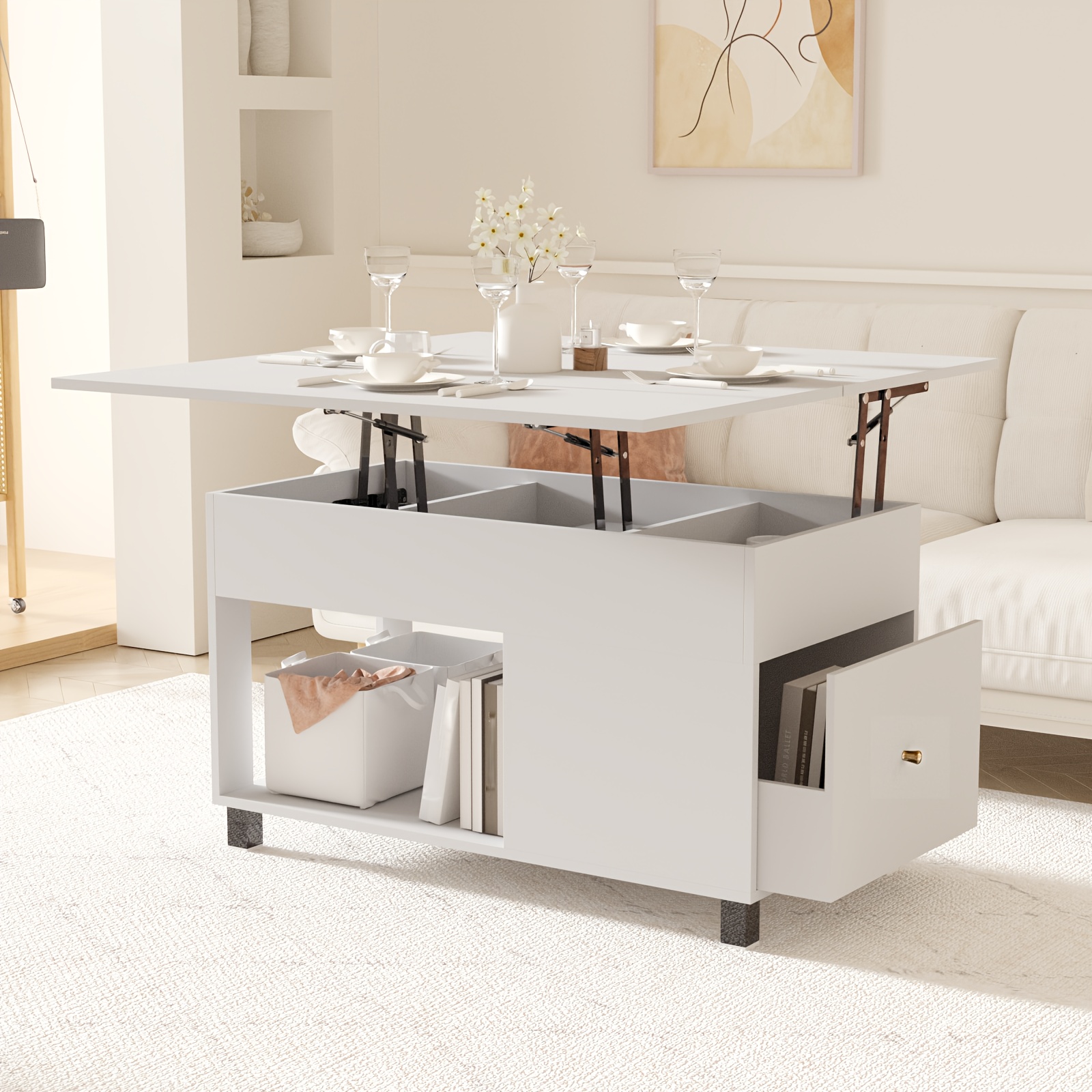 Msutree Coffee Table Adjustable Height Extendable Coffee Table With Lift Top And Drawers, Hidden Storage Space Sofa Table Side Table For Living Room