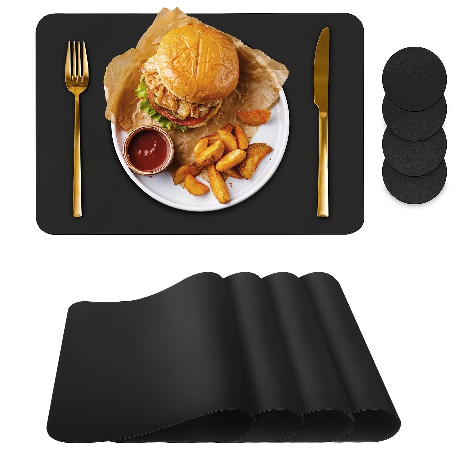 4pcs Set Of Table Mats, With Coasters, Washable And Wipeable For Outdoor Indoor Dining Tables Kitchen Decoration (black 4pcs Set)