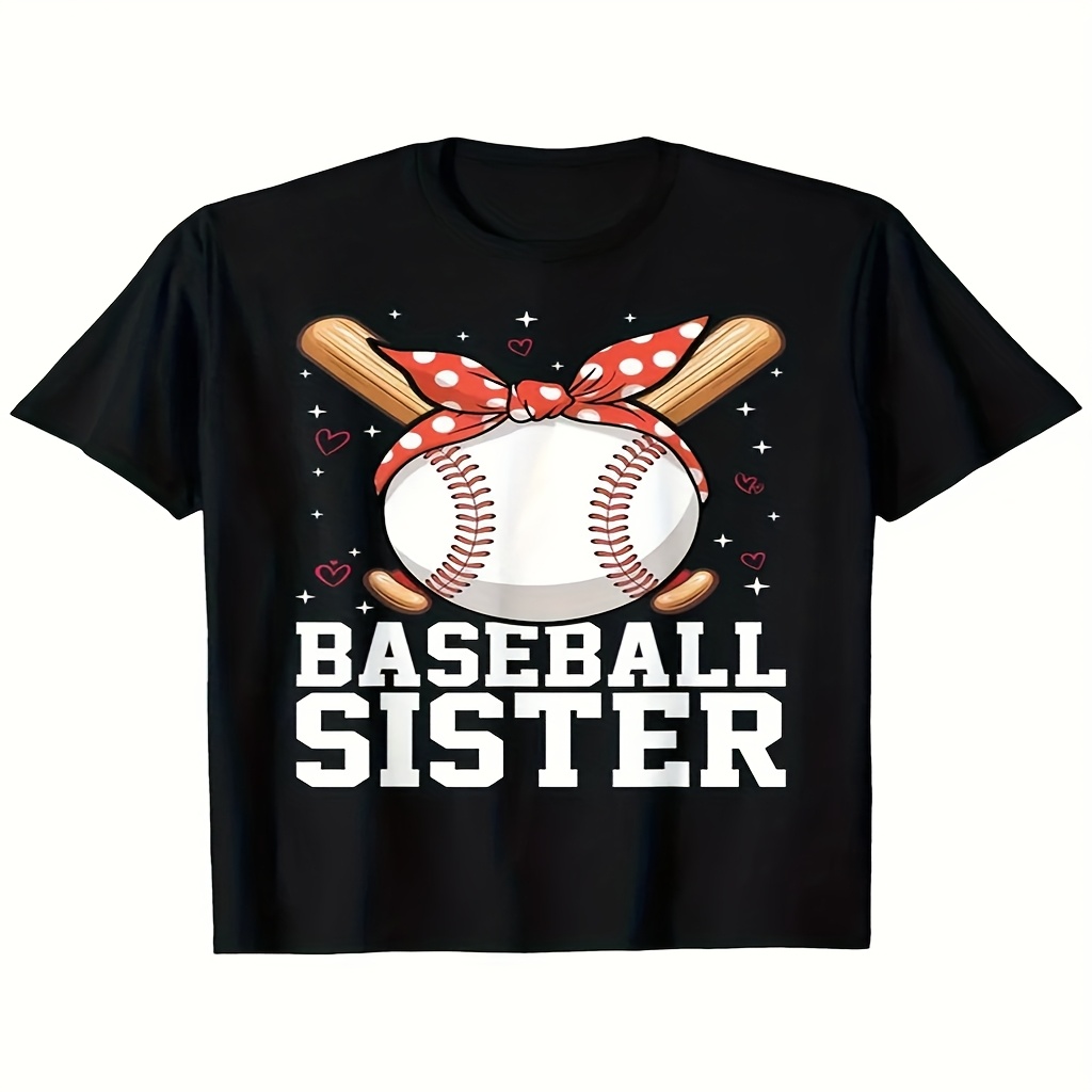 

Baseball Sisters ' T-shirt - Soft Cotton, Breathable, Comfortable Short Sleeve With Baseball & Hearts Graphic - Perfect Gift For Boys And Girls, Casual Spring/summer Wear