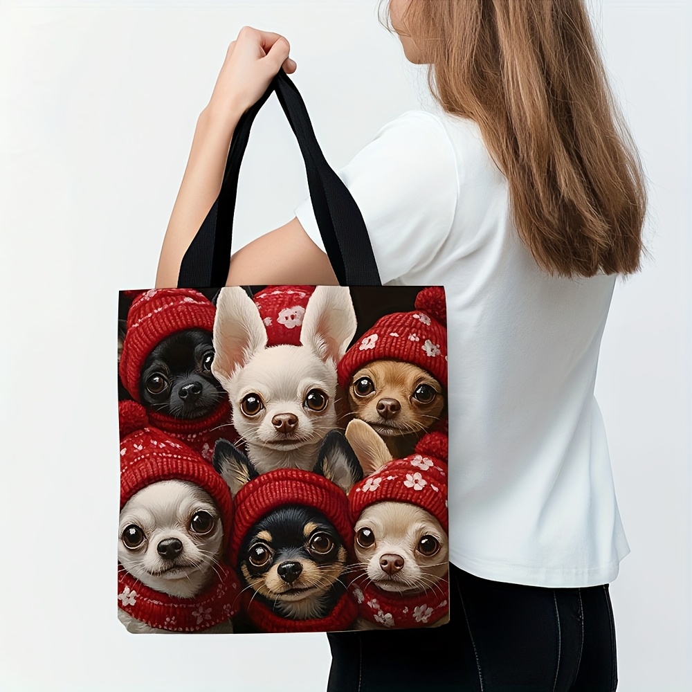 Image of Gift For Her/him 1pc Chihuahua Dog Tote Bag Red Hat Puppy Casual Shoulder Bag Handbag Reusable Grocery Shopping Bag For Women