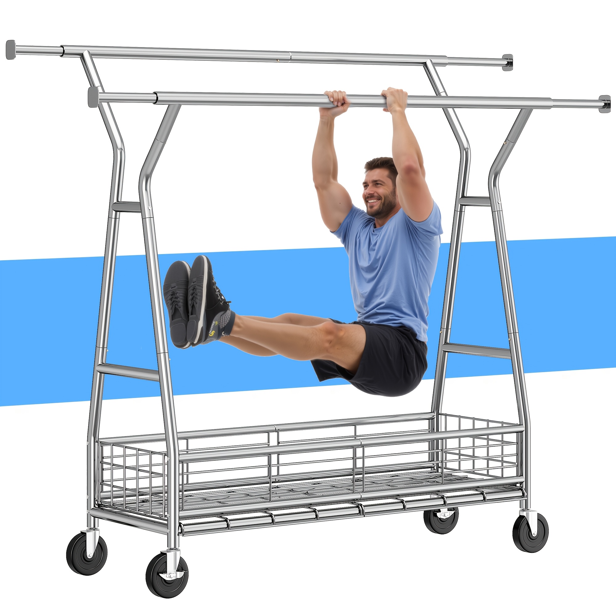 Image of Double-bar Hanger With Mesh Basket, Heavy-duty Metal Storage Rack, Resistant To Deformation, Superior Load-bearing Capacity, Casters With Brakes, , Organizer For Bedroom/laundry Room/balcony