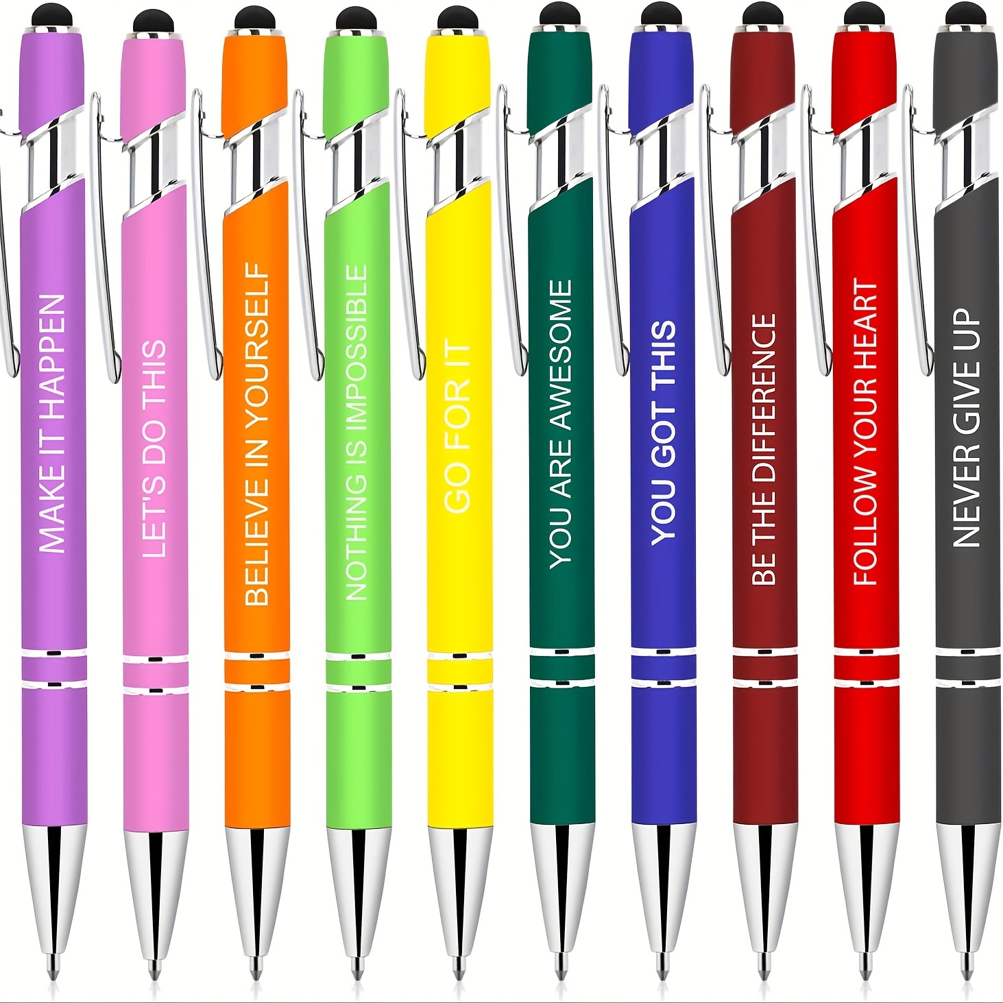

Inspirational Rainbow Ballpoint Pens With Quick-drying Ink And Stylus Tip - 10 Pack Medium Point Stick Pens, Screw-off Cap, Plastic Material - Motivational Gift For Adults Age 14+