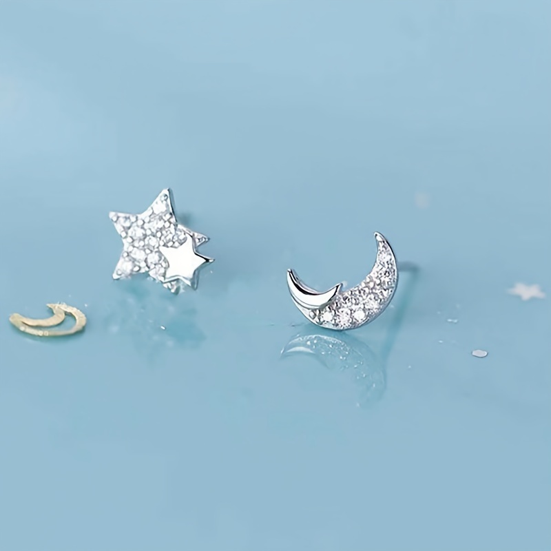 Forest-style Full-drill Star And Moon Stud Earrings For Women, Asymmetrical, Simple, Versatile, Fresh, And Niche Ear Accessories