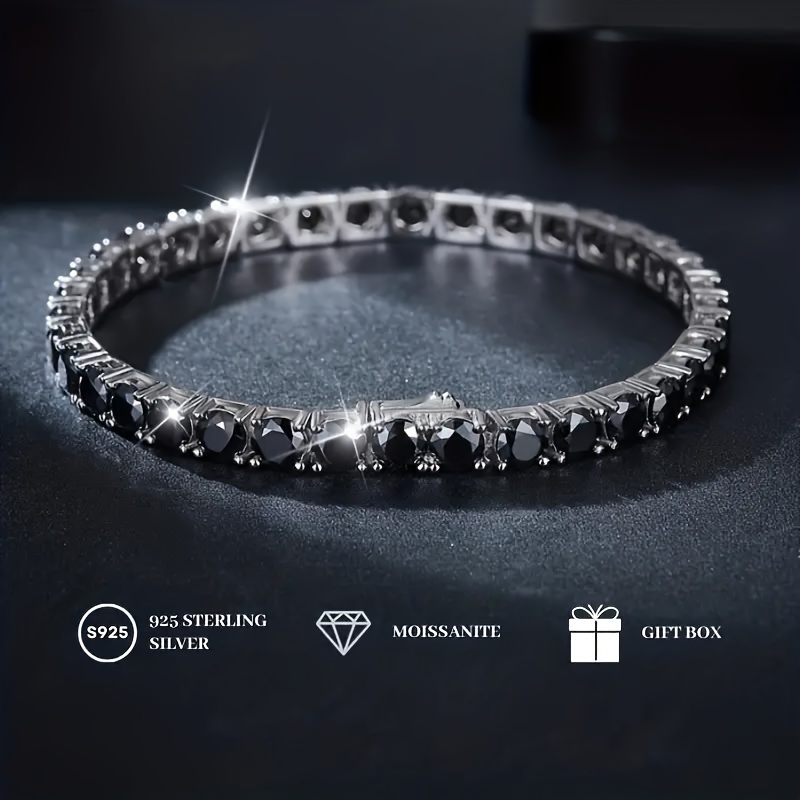 

Elegant 925 Sterling Silver Plated With 18k White Gold Bracelet, Unisex Fashion Wristband With 11ct-18ct Black Moissanite, 0.2inch & 0.12inch Stones, Gift Box Included, Mother's Day Gift
