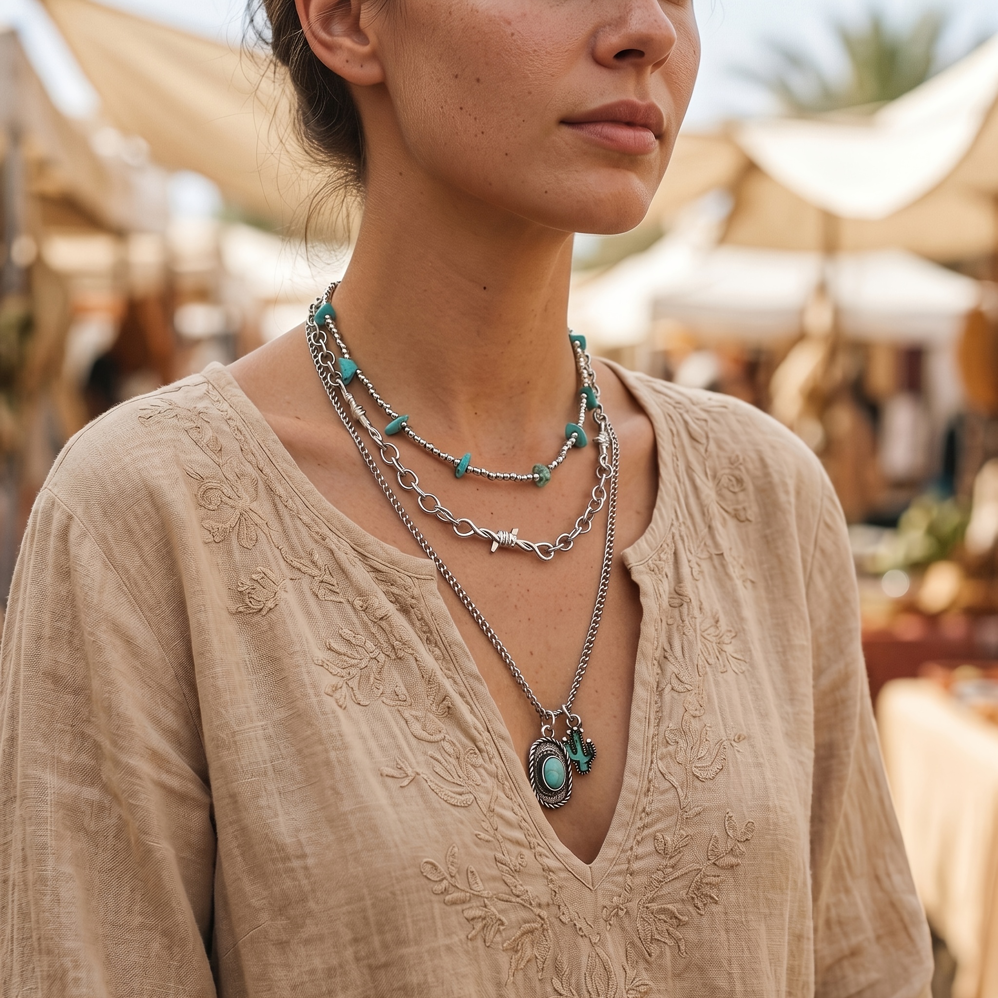 Western Cowboy Style Triple-Layer Turquoise Necklace for Women