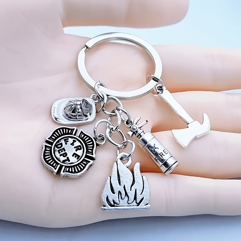 

Funky Firefighter-themed Keychain With Axe, Extinguisher & Flame Design - Stylish Zinc Alloy Accessory For Men