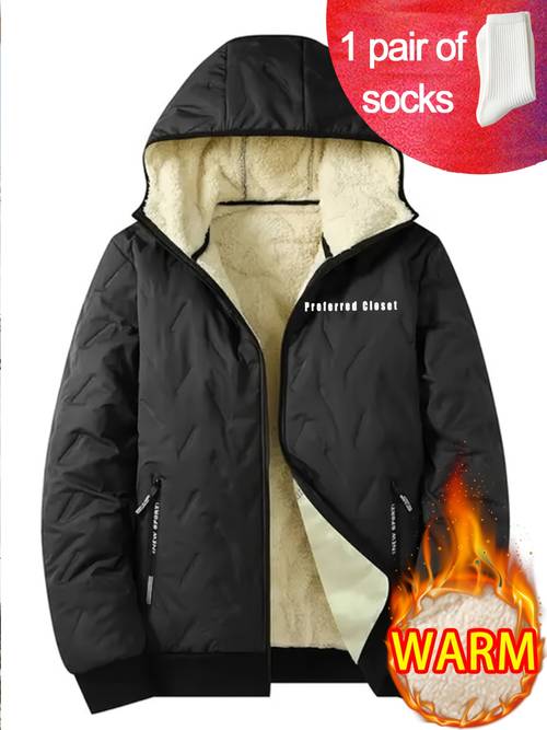1pc autumn winter mens hooded long sleeved jacket mens winter casual jacket with plush lining lining hooded casual outfit with pockets suitable for outdoor sports daily commuting running and and hiking work clothes gifts