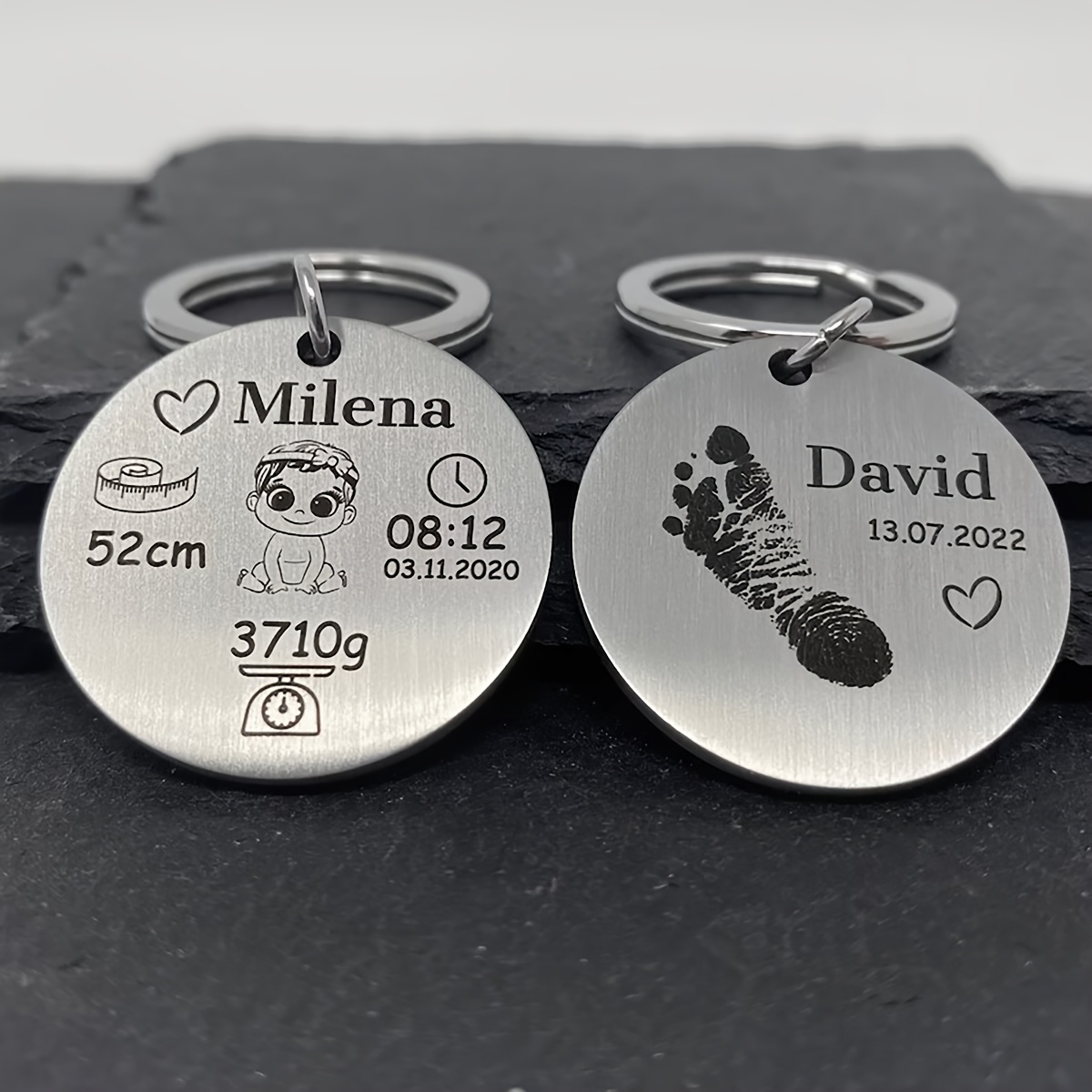 Customized Keychains with Engraved Date, Name, and Footprint