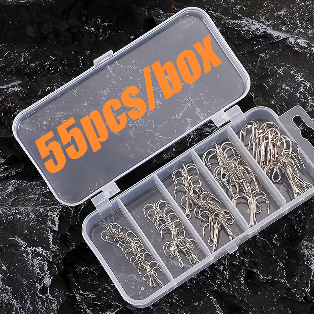 TEMU Set di 55 ami tripli con scatola portaoggetti, ami da pesca affilati con ardiglione, robusti ami di ricambio argentati in 5 misure per esche,