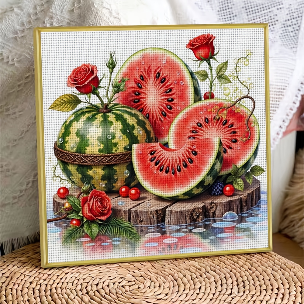11CT Frameless DIY Cross Stitch Kit of Watermelon with Roses and Berries