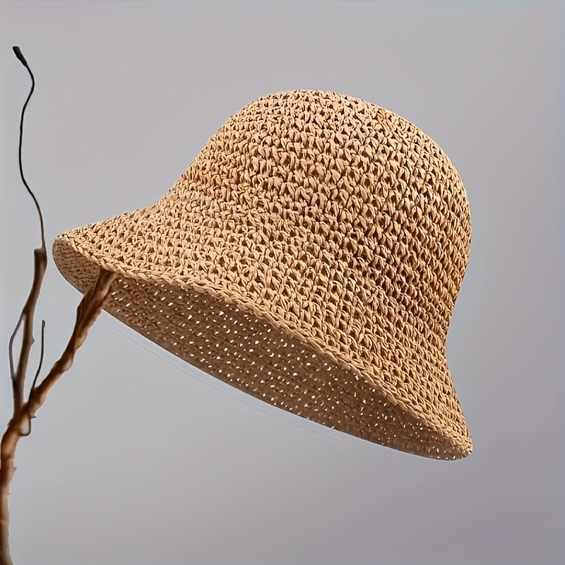 Image of 1pc Breathable Crochet Straw Bucket Hat For Women - Vintage Style, Wide Brim, Foldable Fisherman Cap, Very Suitable For Summer And Beach