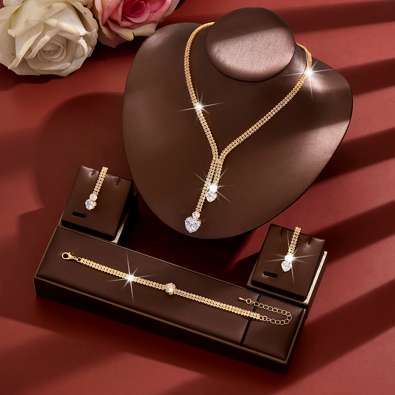 Y-Shaped Heart Drop Necklace, Earrings & Bracelet Set, Elegant Accessories