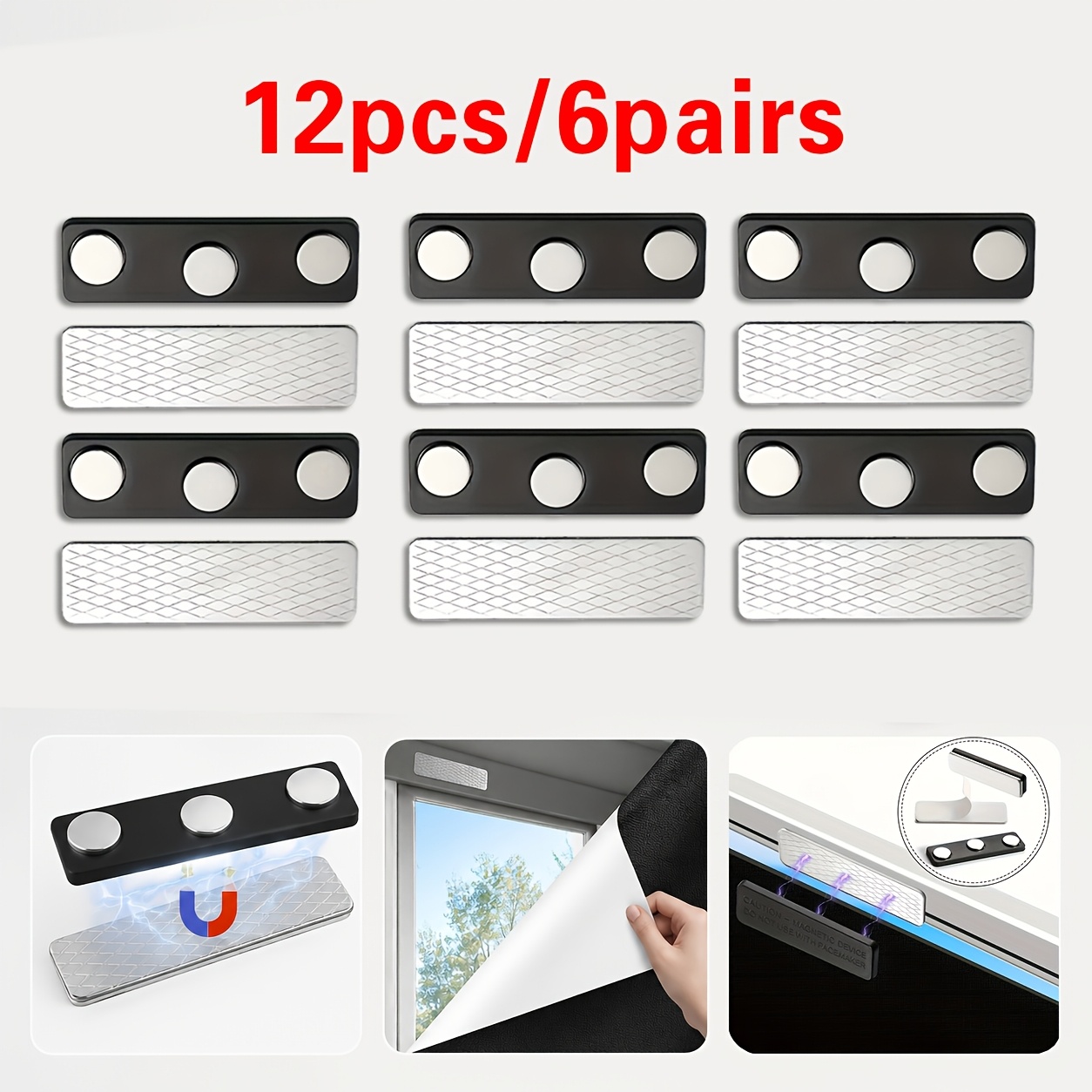TEMU 12/8pcs Strong Magnetic Curtain Closers Suitable For Curtains, Sheer Curtains & Id Badges - No-drill Adhesive-backed Holdbacks With Magnetic
