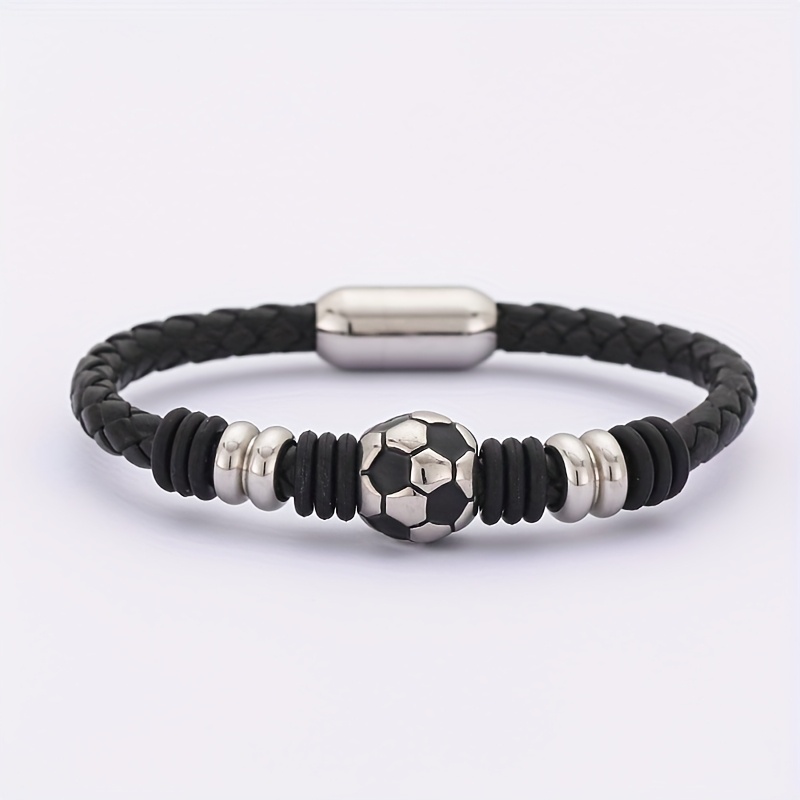 

Stylish Bracelet - Braided Leather With Magnetic Clasp, Stainless Steel Football Wristband For