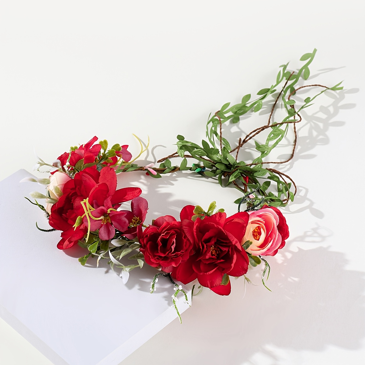 TEMU 1pc Valentine's Day Red Flower Crown, Artificial Rose Floral Headpiece, Fairy Handmade Flower Headband, Suitable For Women's Portrait Shooting
