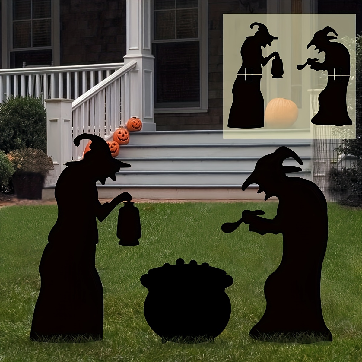 

3-piece Witch & Cauldron Halloween Yard Decor Set - Spooky Silhouette Garden Stakes, Waterproof Corrugated Plastic, Perfect For Family Gatherings