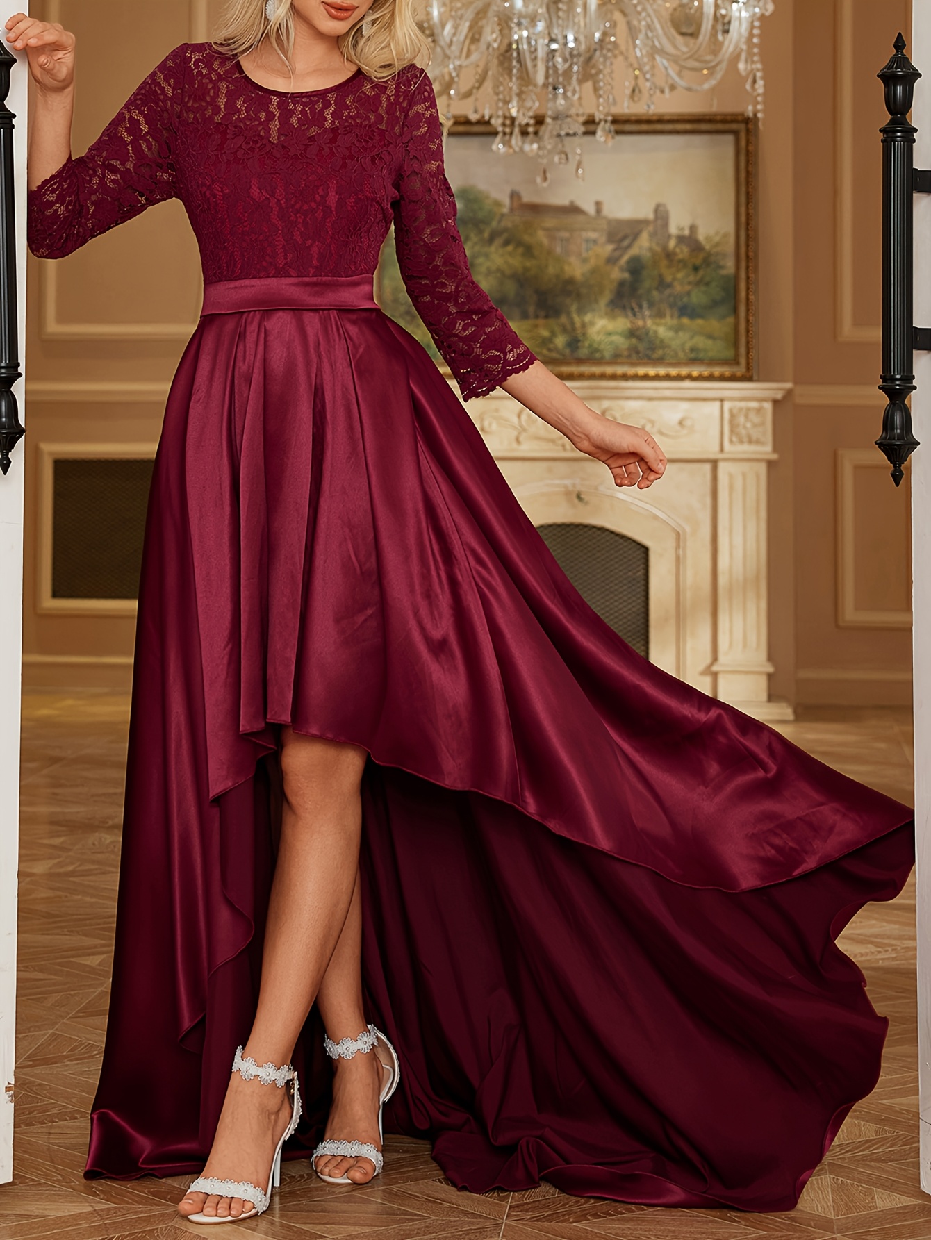 ladies' lace satin long sleeve round neck high waisted Temu Bahrain