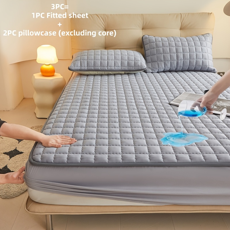 TEMU 2/3 Solid Waterproof Mattress Covers (1 Bed Sheet 1/2 Pillowcase/without Core) Solid Color Bed Sheet Quilted Mattress Protective Cover Pocket