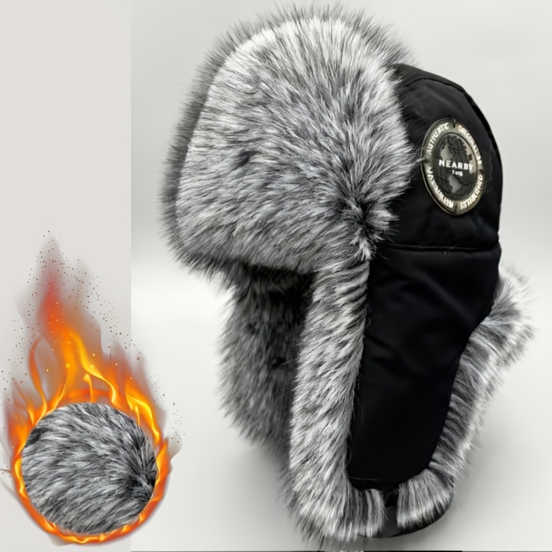 TEMU 1pc Men's Novelty Hat, Ear Protection Foldable 2-way Wear, Round Logo Unisex Fall Winter Warm Thick Plush, Outdoor Riding Cold Resistant ,