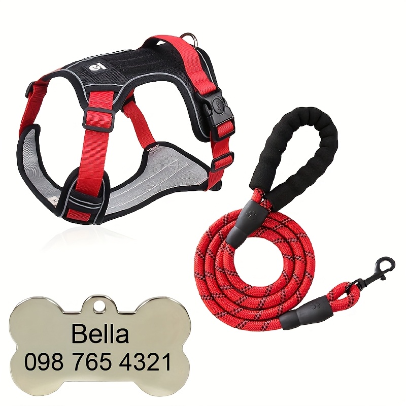 Custom Dog Harness with Engraved Pet ID Tag and Leash Set