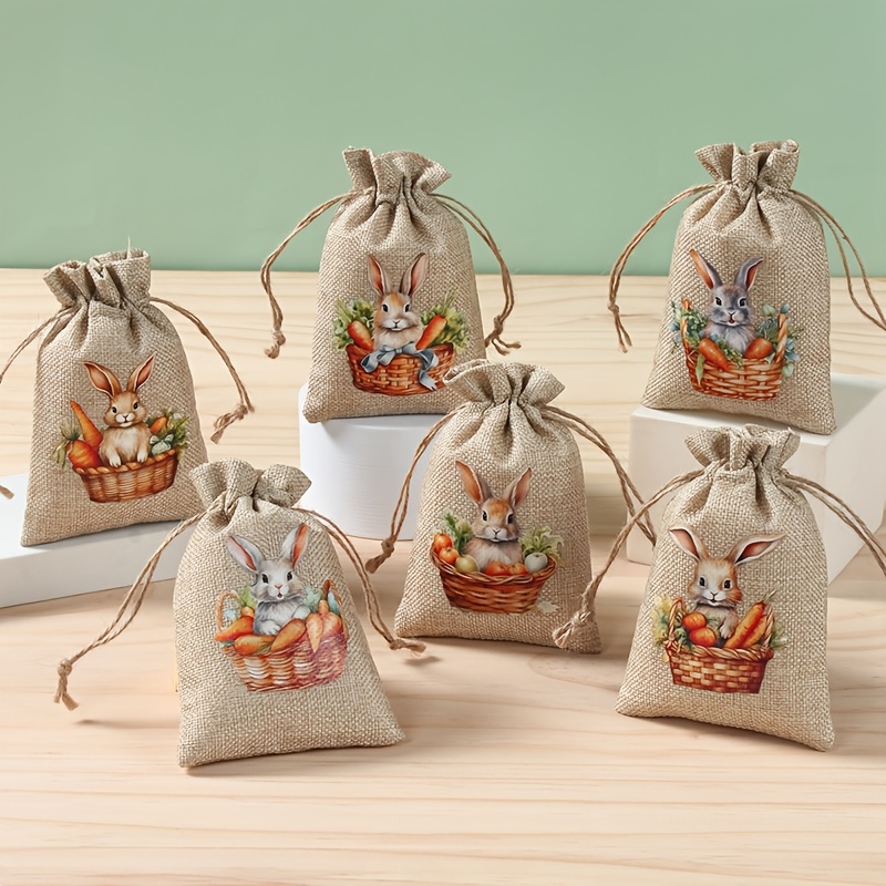 

6-pack Easter Bunny Drawstring Gift Bags, Animal Print Candy Snack Packaging, Rabbit , Easter Party Supplies And Home Decor