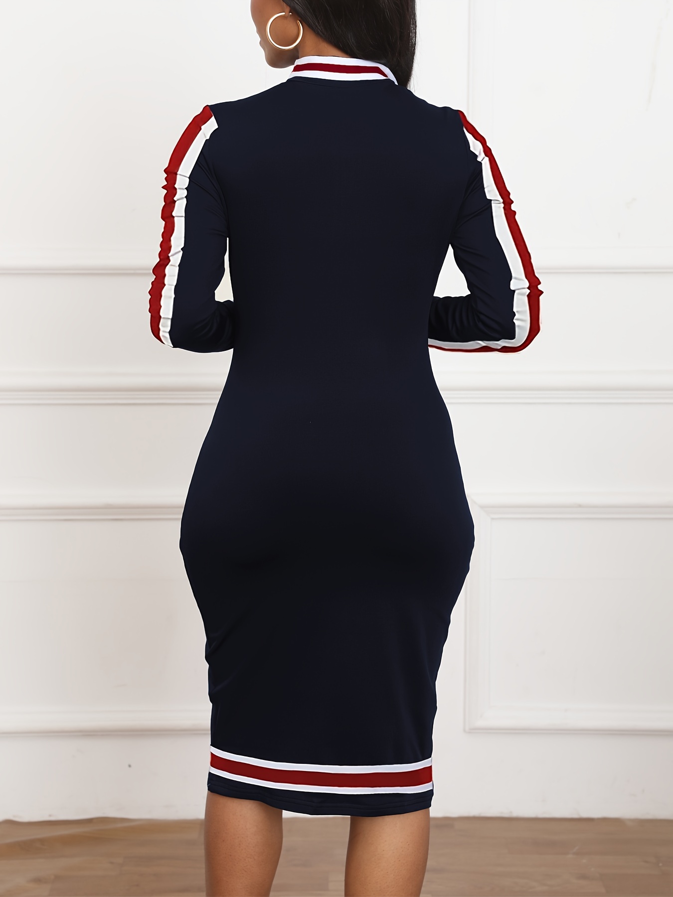 zip up striped print dress, casual long sleeve bodycon midi dress, women's clothing navy blue 1