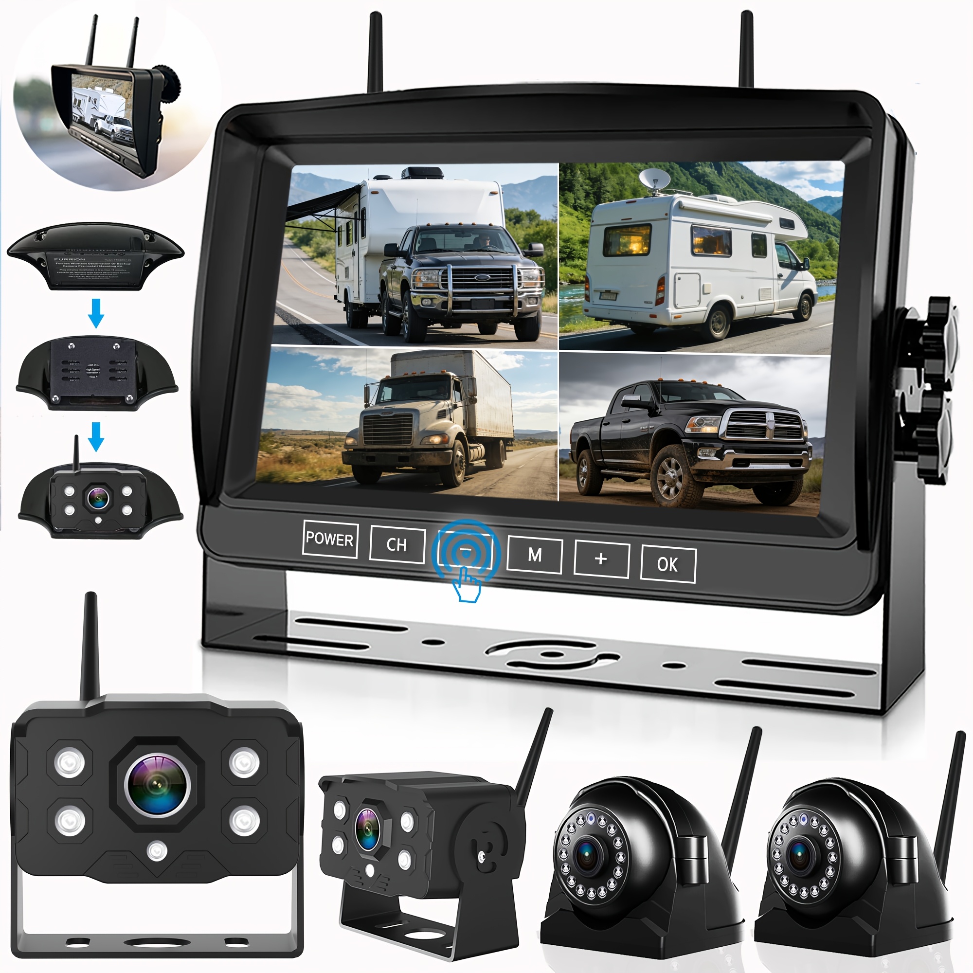1080p Wireless Rv Camera System, Night Vision Backup Camera Side Rear View Camera With 7 Inch Hd Monitor For Rv Truck Trailer