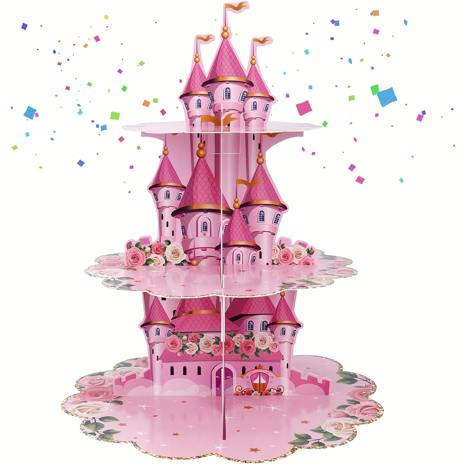 1 Set 3 Tier Princess Birthday Cupcake Stand Party Decorations Floral Princess Cupcake Holder Pink Carriage Dessert Tower Birthday Princess Theme Supplies Centerpieces Non-food Contact