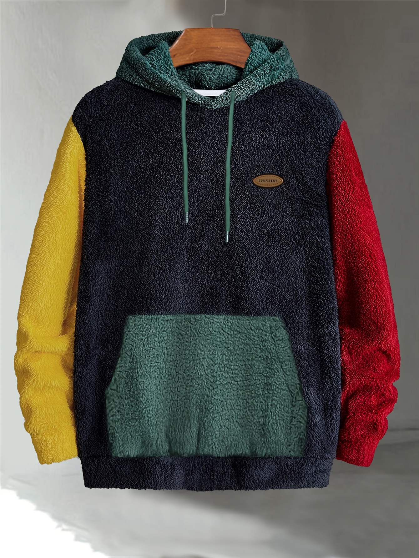 Men's Multicolor Fleece Hoodie with Patch - Warm, Casual Fall & Winter Sweatshirt with Drawstring Hood and Kangaroo Pocket, Casual Winter Wear|Color Block Hoodie|Soft Texture Sweatshirt