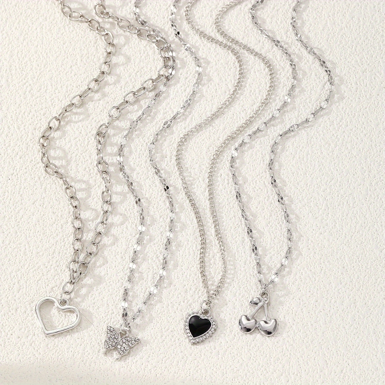 4pcs Elegant Shiny Rhinestone Butterfly Heart Pendant Necklace Set, Stylish Silvery Cherry Multi-Layer Layered Necklaces for Women, Trendy Daily Party Accessories