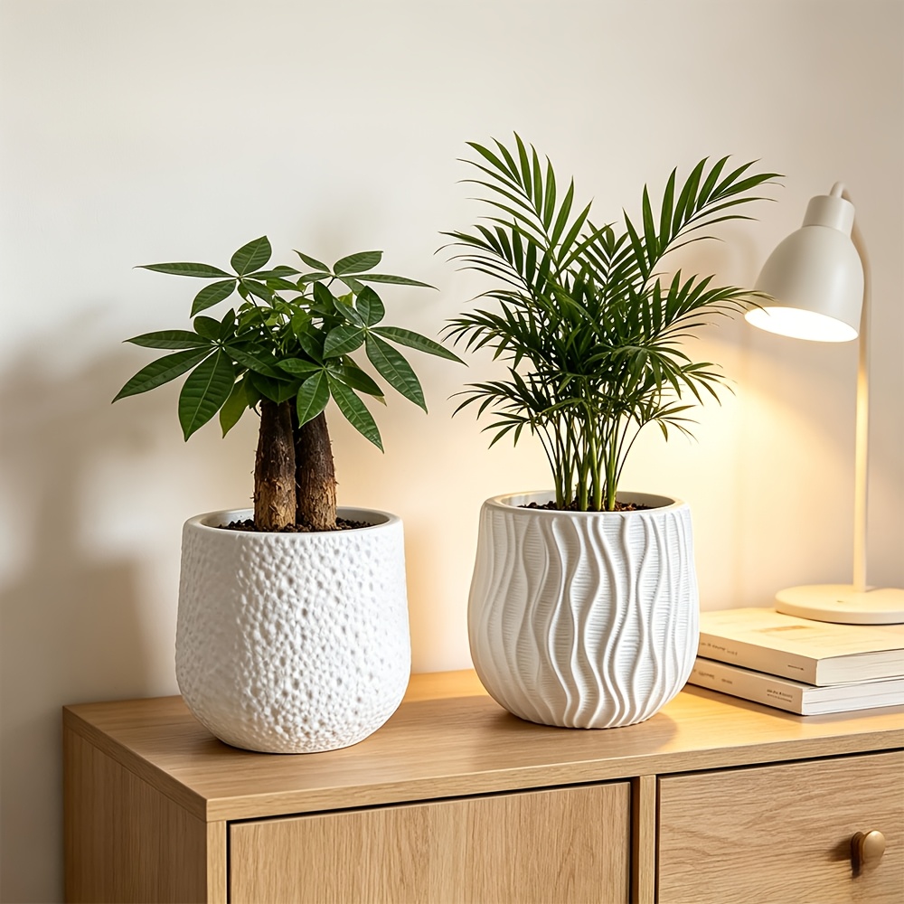 TEMU 2pcs White Textured Ceramic-like Plastic Planter Set Of 2. Design For Money Trees, Plants, Or Palms. Modern Minimalist Decor For Living Room,