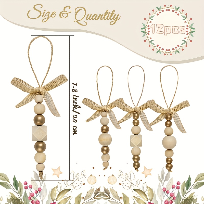 TEMU 8/12pcs Bohemian Style Wooden Bead Christmas Tree Ornaments With And Bows - Farmhouse Hanging Decorations, Perfect For Holiday Trees, Wreaths,