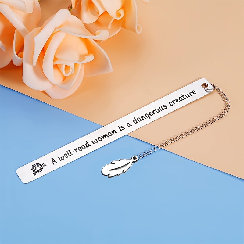 

Stainless Steel Bookmark With Chain And Feather Pendant - Inspirational Quote Engraved Gift For Book Lovers And Readers