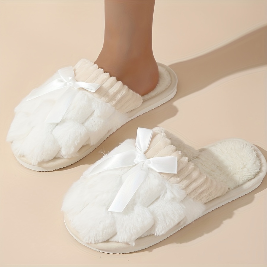 Solid Warm Slippers, Slip On Soft Sole Fluffy Flat Bowknot Decor Shoes, Winter Plush Cozy Non-slip Shoes, Women Shoes