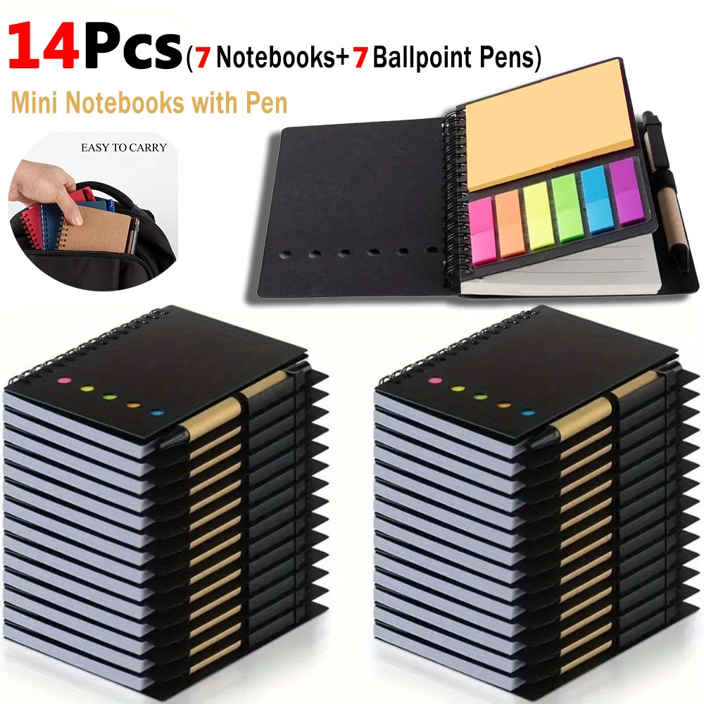 TEMU 14pcs Mini Notebook And Pen Set - 7 Notebooks + 7 Pens - Pocket-sized Journals With Color Index Tabs, Compact Notepads, Suitable For Office,