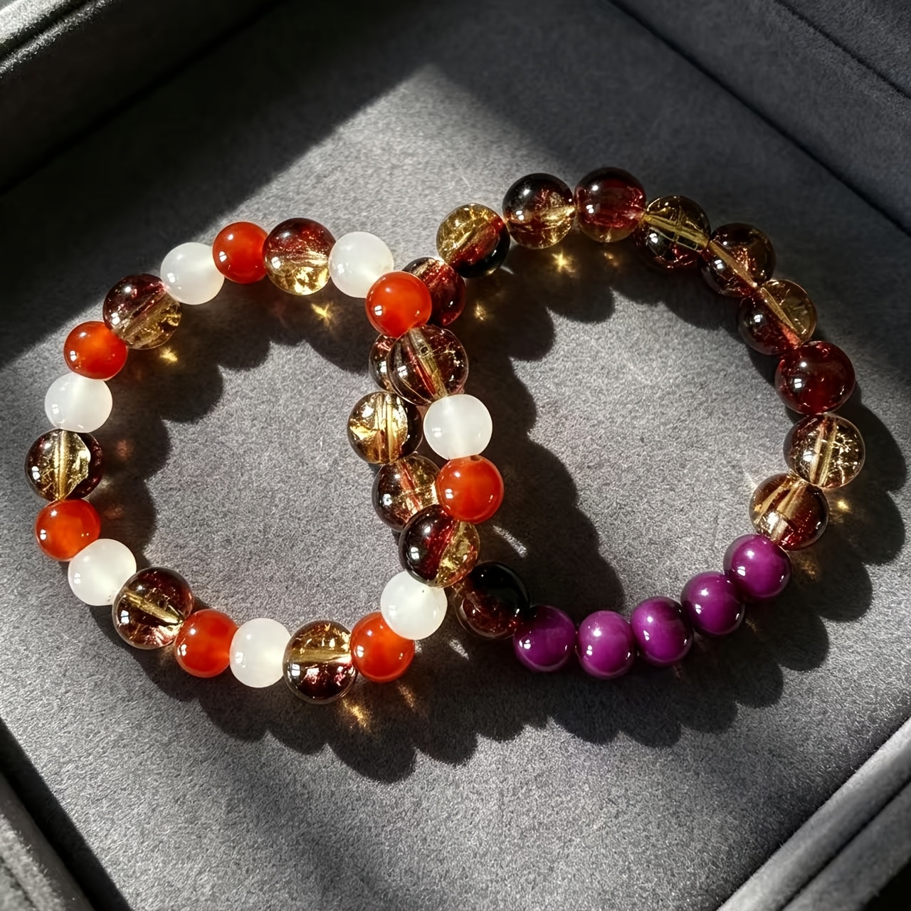 2pcs Large Red Gradient Crystal & Rose Tiger's Eye Beads Bracelet