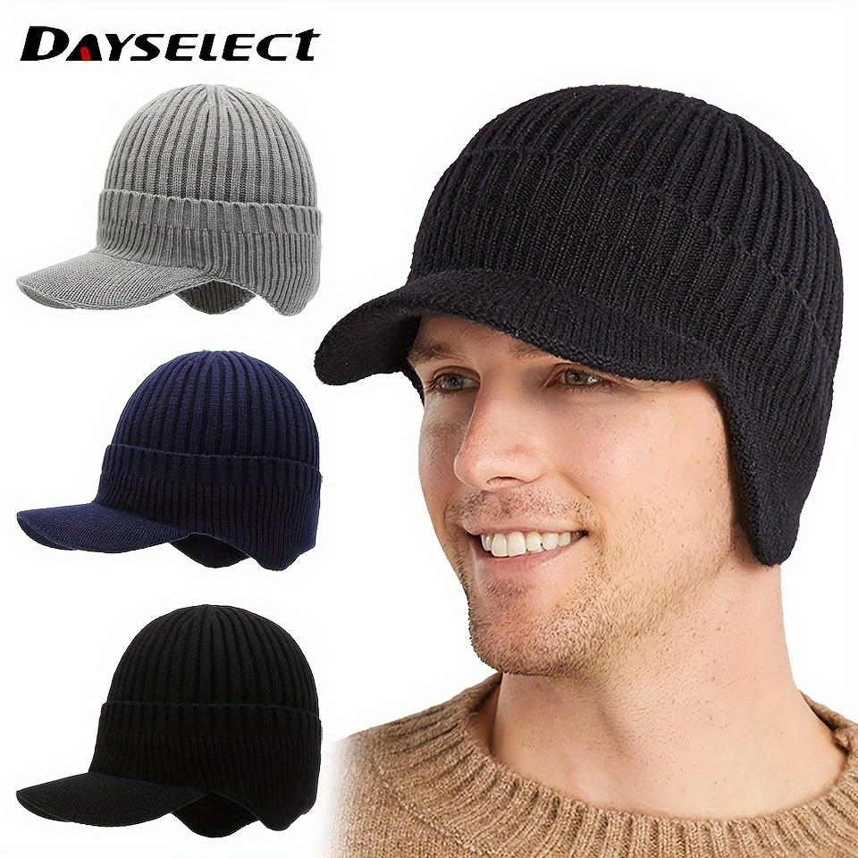 

Dayselect Men's Winter Knitted Hat With Ear Flaps, 100% Textile, Hand Washable, Black, Warm Outdoor Sports Cap