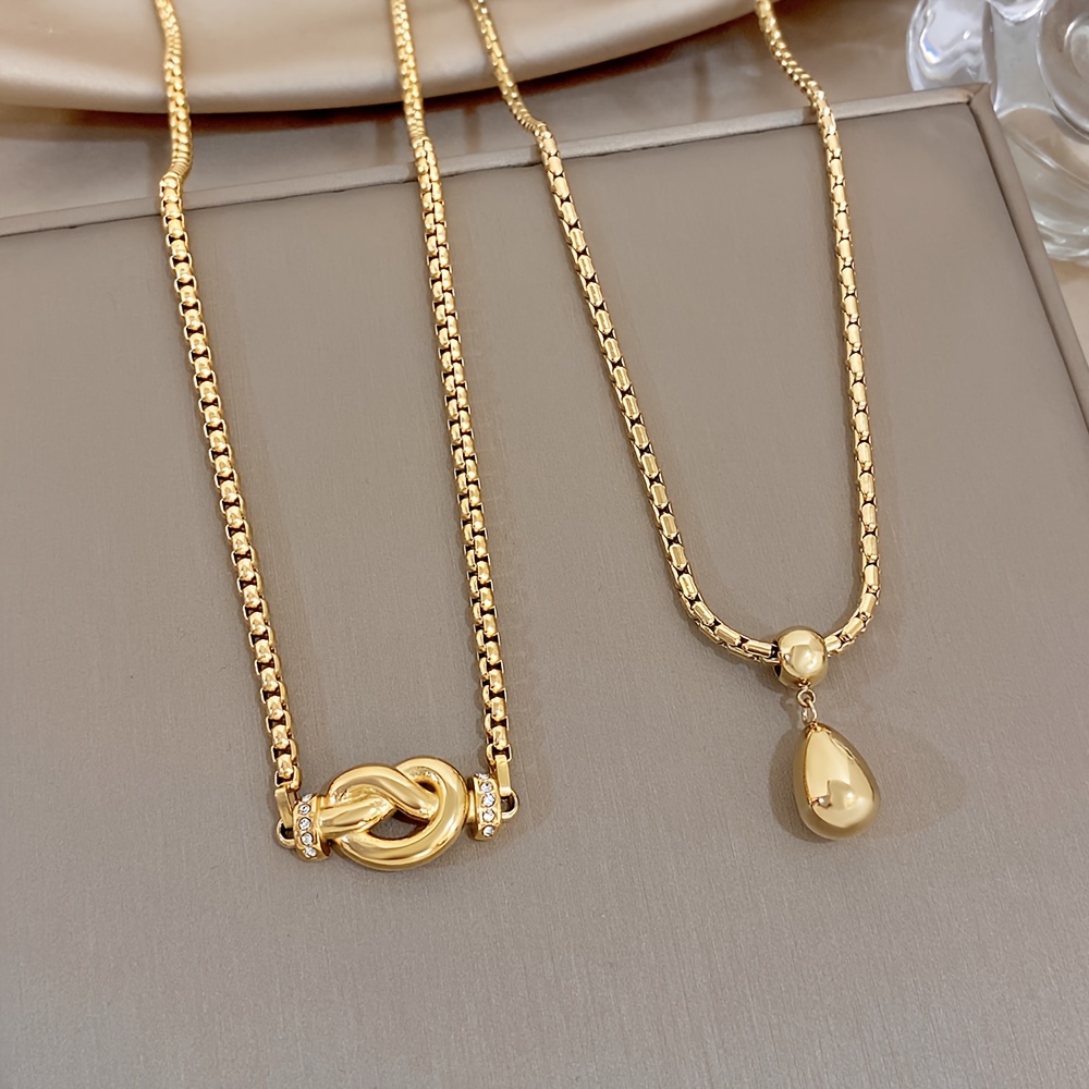 2pc 18K Golden Plated Box Chain Waterdrop & Twisted Dough Pendant Necklace