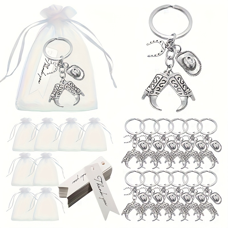 TEMU 20pcs Western Cowboy Keychain Party Gift Set, 20pcs Stainless Steel Keychains, 20pcs Thank You Cards And 20pcs White Tulle Gift Bags, Western