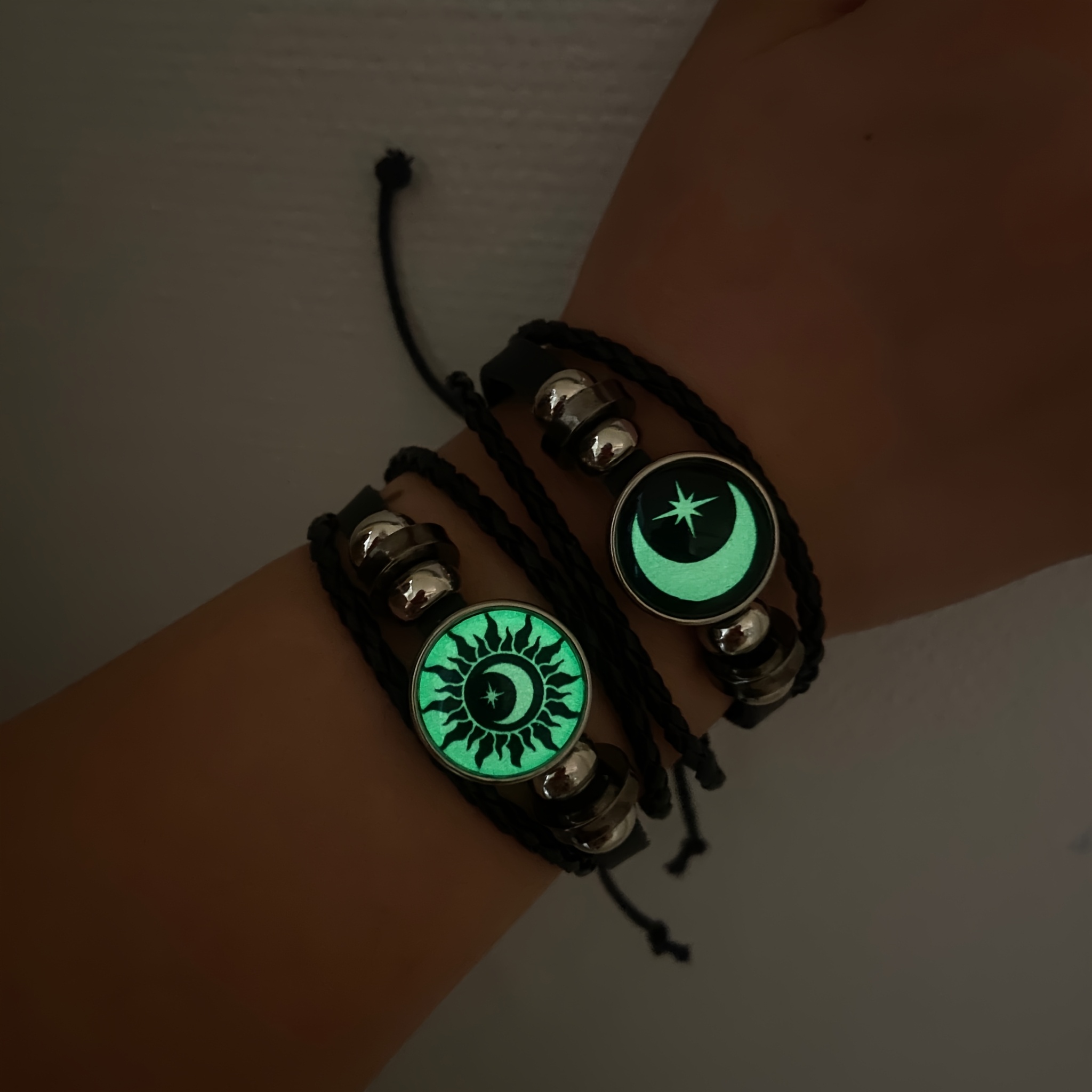 Image of 2pcs/set Luminous Fashionable Handmade Woven Couple's Sun, Moon, And Stars Bracelet Set,, Combination Glowing Jewelry Gifts For Music Festival/mother's Day/hallowmas