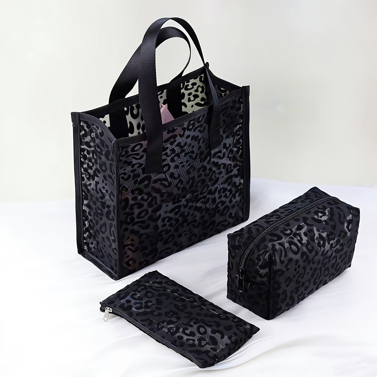 TEMU Minimalist Bag, Black Breathable Leopard Print 3pcs Set, Portable Toiletry Bag With Double Handles And Zipper Closure, Beach Bag, Octagonal