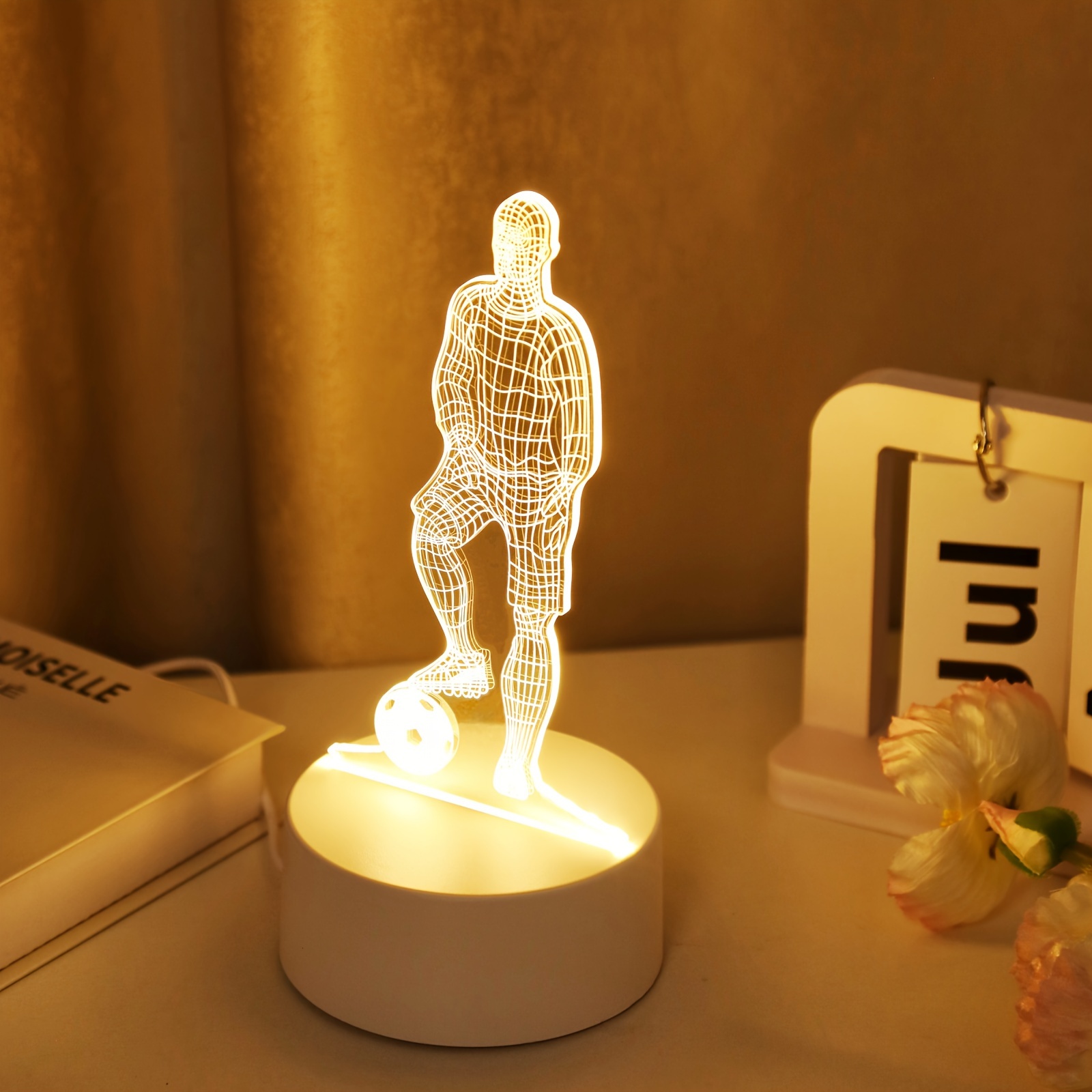1 Lámpara de noche 3D de futbolista, luz cálida monocromática alimentada por USB, lámpara de ambiente creativa para escritorio y dormitorio, luz de decoración para habitación, lámpara de noche novedosa, lámpara de noche, un regalo para los entusiastas de los deportes