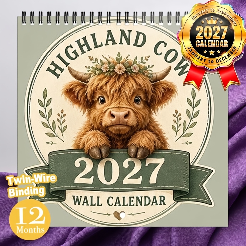 TEMU 2027 Wall Calendar, 1 Pack 2027 Highland Cow Wall Calendar, 12 Months Hanging Calendar, Stitching, Bohemian Farmhouse Style, Monthly Schedule