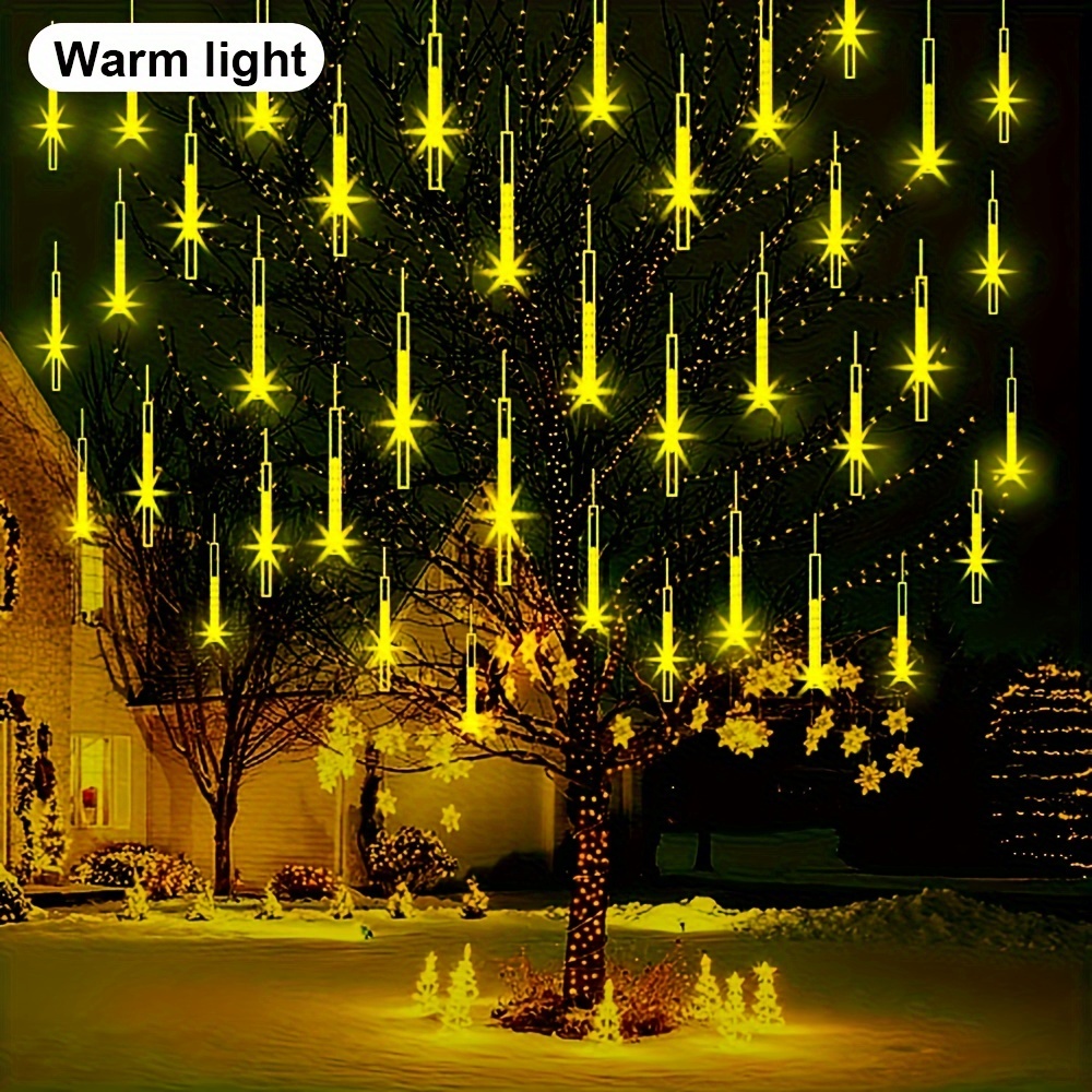 1 pack meteor shower rain string lights waterproof drop icicle snow falling raindrop cascading lights for garden wedding party christmas thanksgiving and halloween decorations solar outdoor string lights