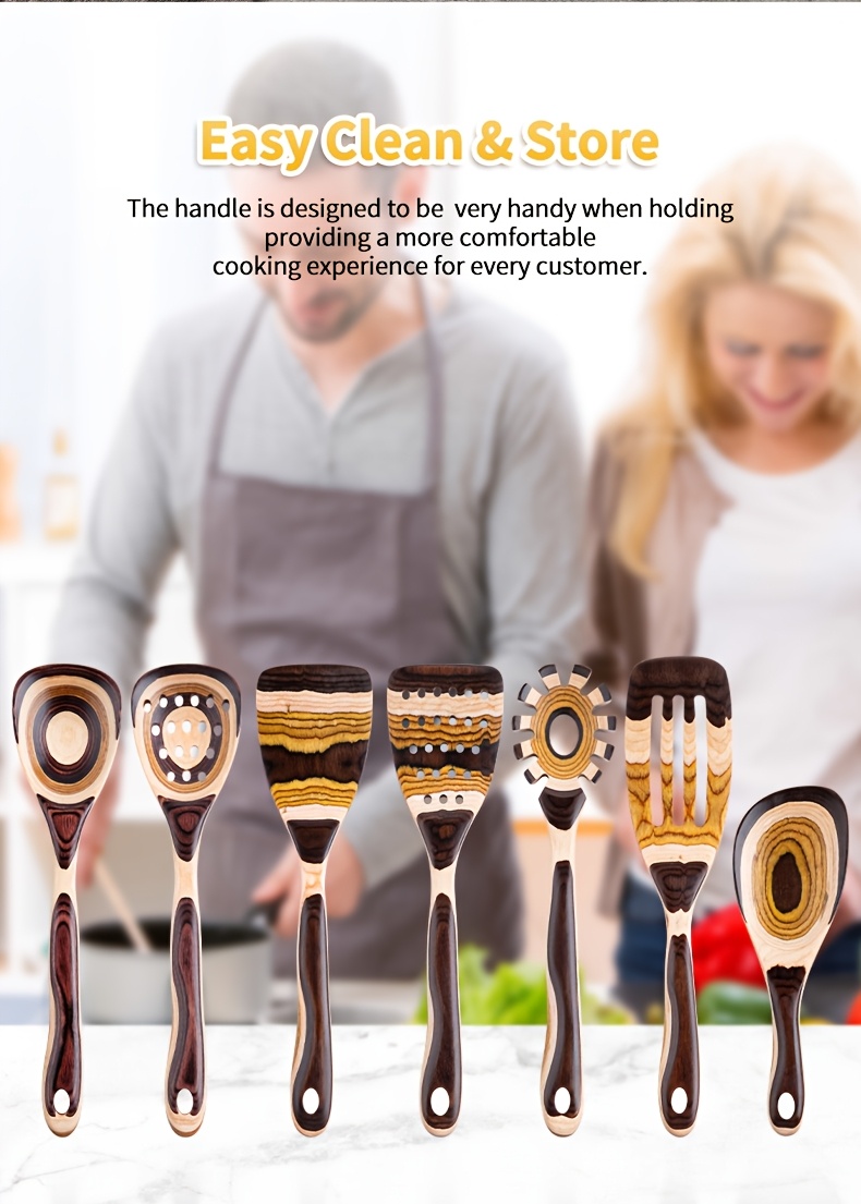 Pakkawood Spurtle Set, Kitchen Utensils Set For Cooking, WOSPONFAN 7pcs Pakkawood Wooden Cooking Spoons & Spatulas With Spoon Rest, Safe For Non-Stick Cookware, Outdoors & Kitchen Gift (Brown Spoon-7pcs)