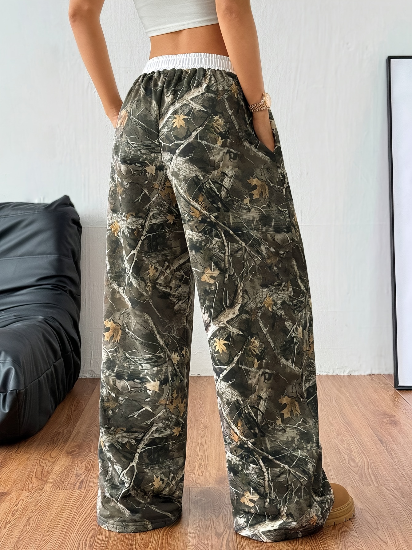 Women's Elegant White Straight-Leg Winter Pants with Branch & Leaf print - Belted Waist, Side Pockets, Machine-Washable Trousers for Fall/Winter Daily Wear, Office & Casual Outfits