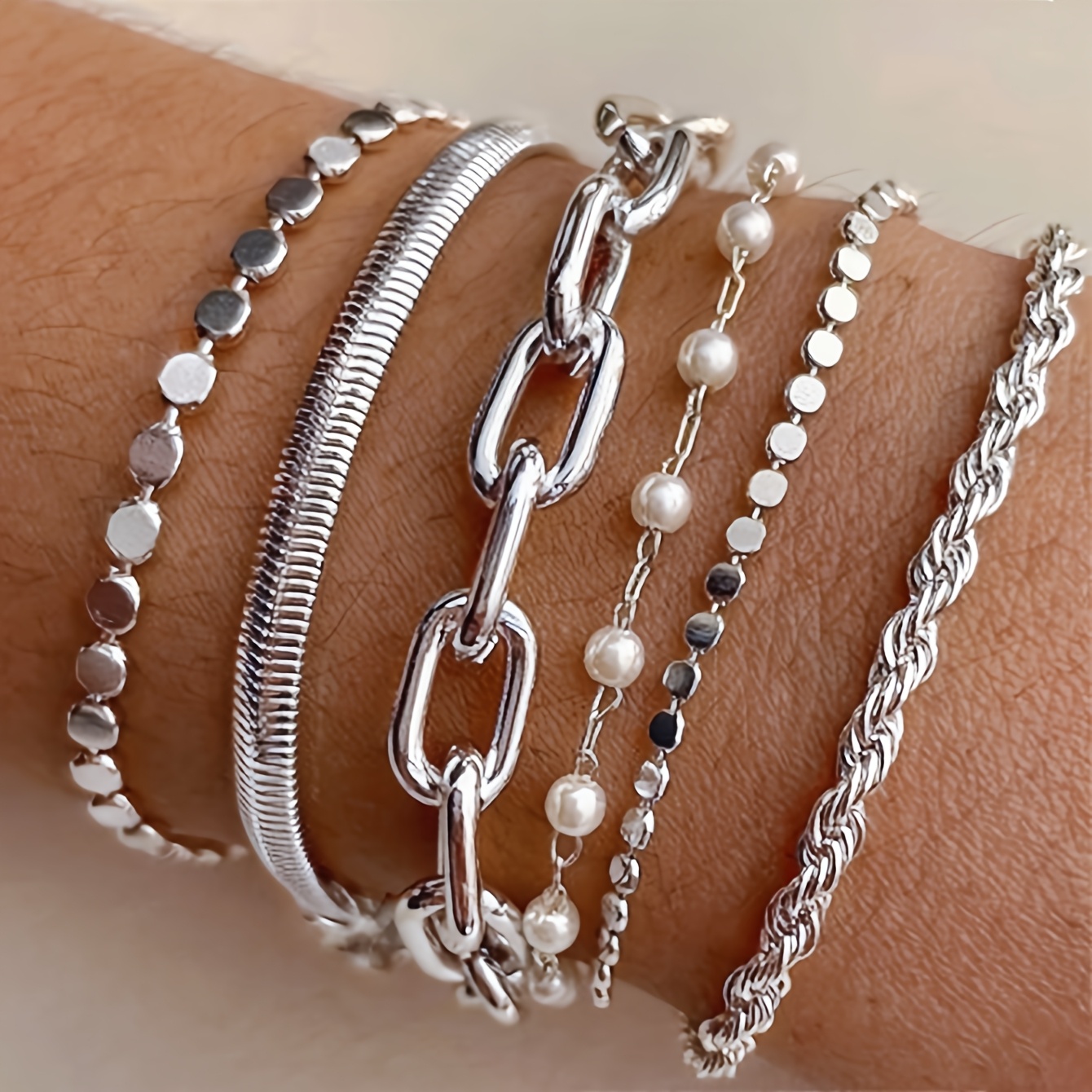 TEMU Conjunto de pulseras de mujer para , , viaje diario, regalo, 6 piezas, estilo retro elegante, metal, de perlas, de , cadena entrelazada, pieza