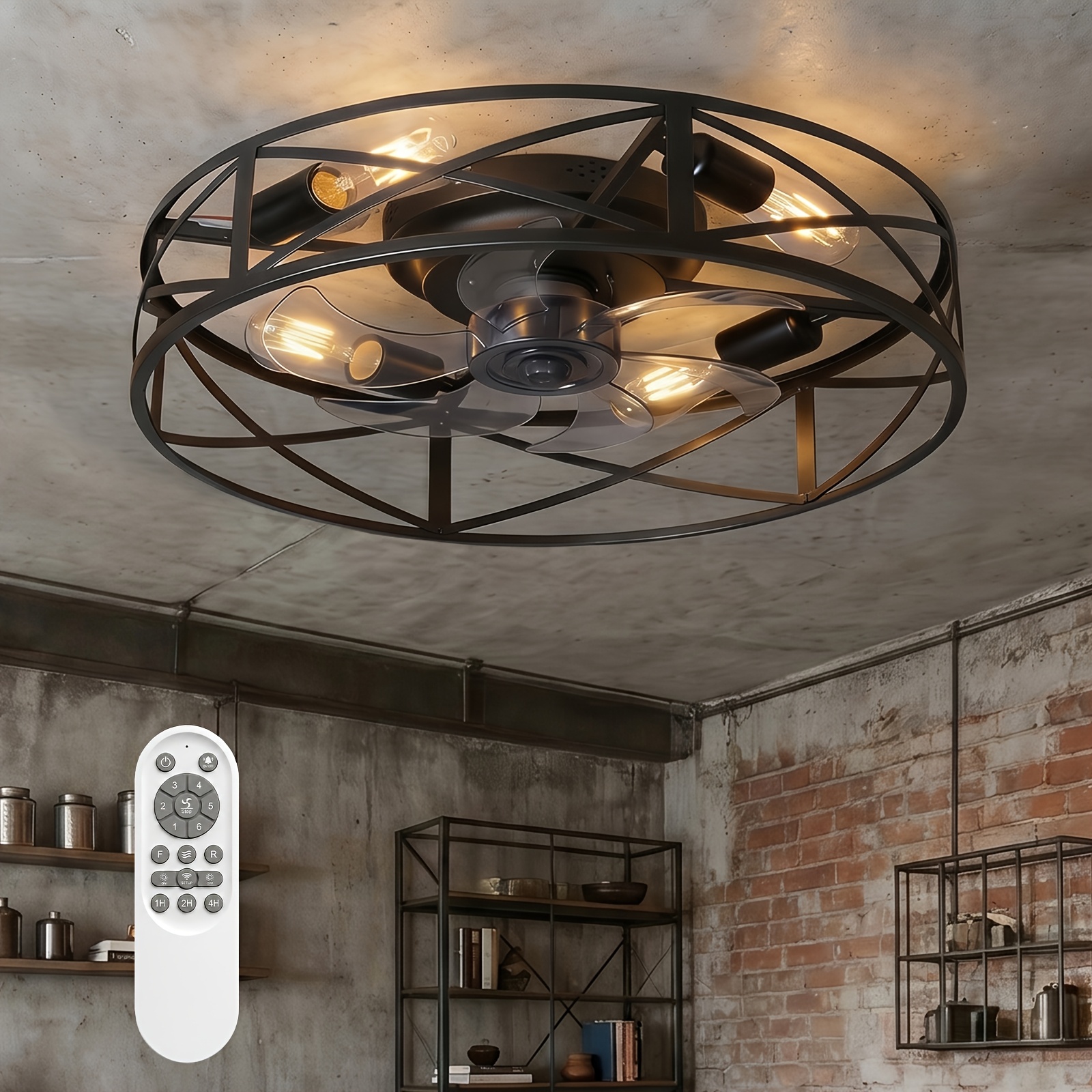 20" Farmhouse Flush Mount Ceiling Fan with Lights And Remote, Low Profile Caged Ceiling Fan Fandelier, 6 Speeds, Timer, Reversible DC Motor, Bladeless Ceiling Fan for Bedroom, Kitchen, Black