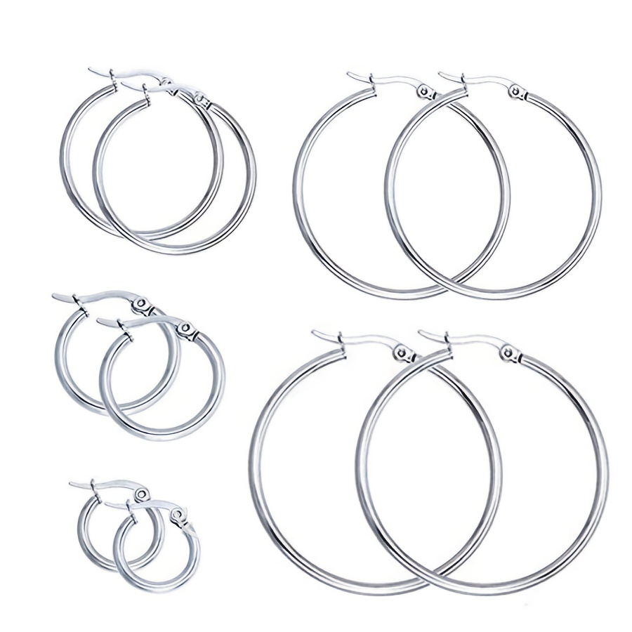 TEMU 5 Pairs/set Classic Stainless Steel Earrings, Fashion Exaggerated Big Hoop Earrings, Round Ear