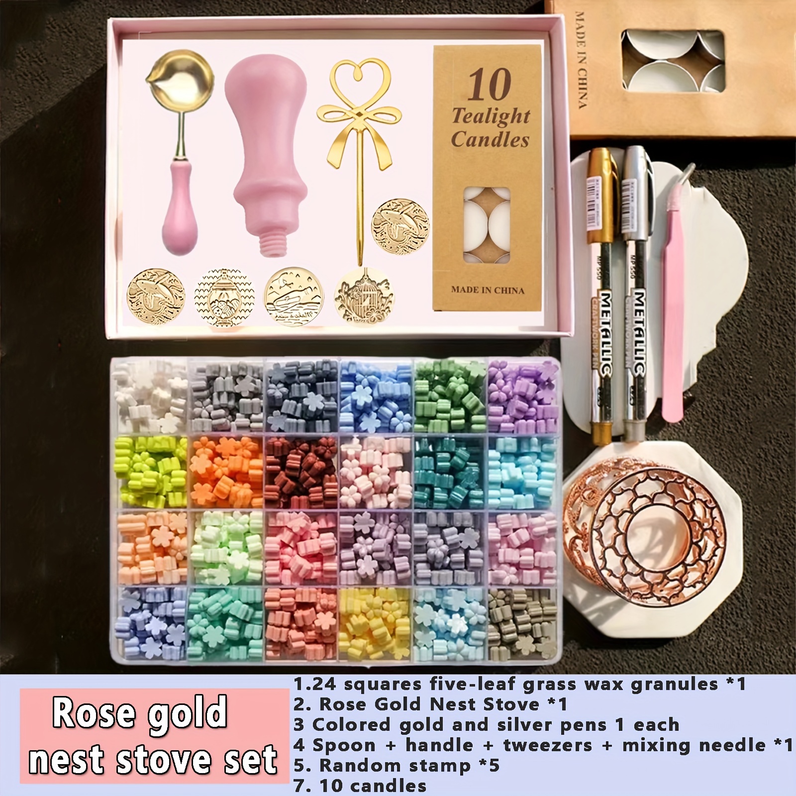 

Kit de tampon à de cire avec four à nid doré à rose, perles de cire de , bougies, cuillère et ensemble de tampons à cire pour enveloppes, invitations, décoration artisanale